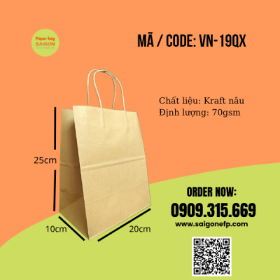 Túi giấy kraft nâu quai xoắn, đáy vuông